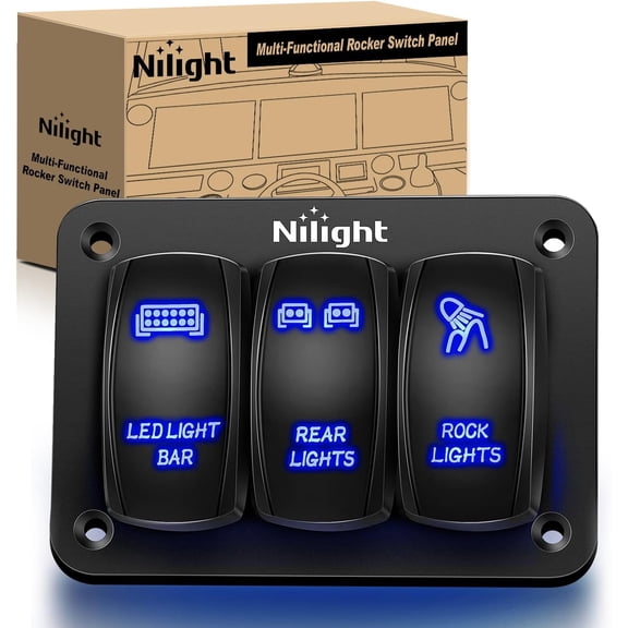 Nilight - 3 Gang Aluminum Rocker Switch Panel 5 Pin ON/Off Pre-Wired Toggle Switch Panel With Rocker Switch Holder 12/24V for Marine Boat Car ATV UTV, 2 Years Warranty,Blue