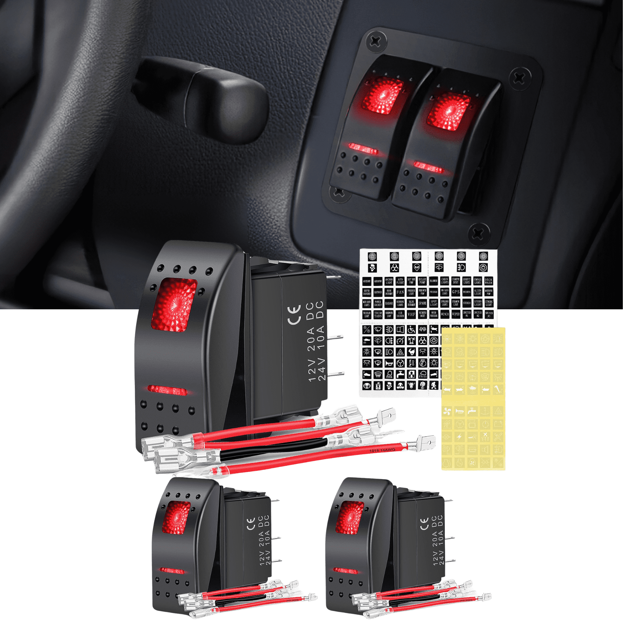 Nilight 3 Pcs Rocker Switches on off 5 Pin SPST LED Light Red Backlit ...