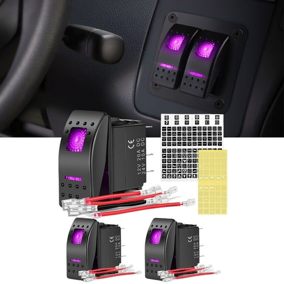 Nilight 3 Pack Rocker Switches with Night Glow Stickers On Off 5 PIN SPST Purple Led Switches with Pinkish Purple Backlit 12V/24V Toggle Switches for Cars Trucks RVs Boats Auto Motorcycles