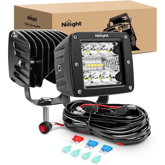 Nilight 2PCS 3Inch 42W LED Pods LED Cubes Upgraded Spot Flood Combo Beam Square Driving Light Backup Reverse Grill Mount with Wiring Harness Kit -2 leads, 2 Years Warranty