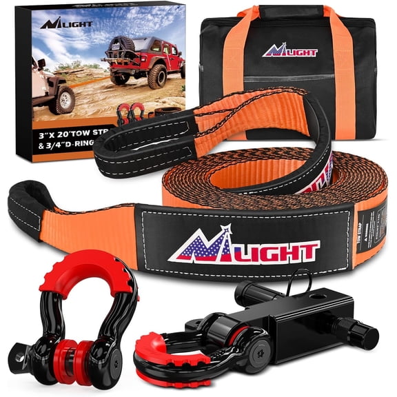 Nilight 3" x 20' Recovery Tow Strap Kit with 2" Hitch Receiver and 3/4" Anti-Theft D-Ring Shackles Storage Bag Heavy Duty Tow Rope for Car Truck SUV ATV (MBS 31500LBS)