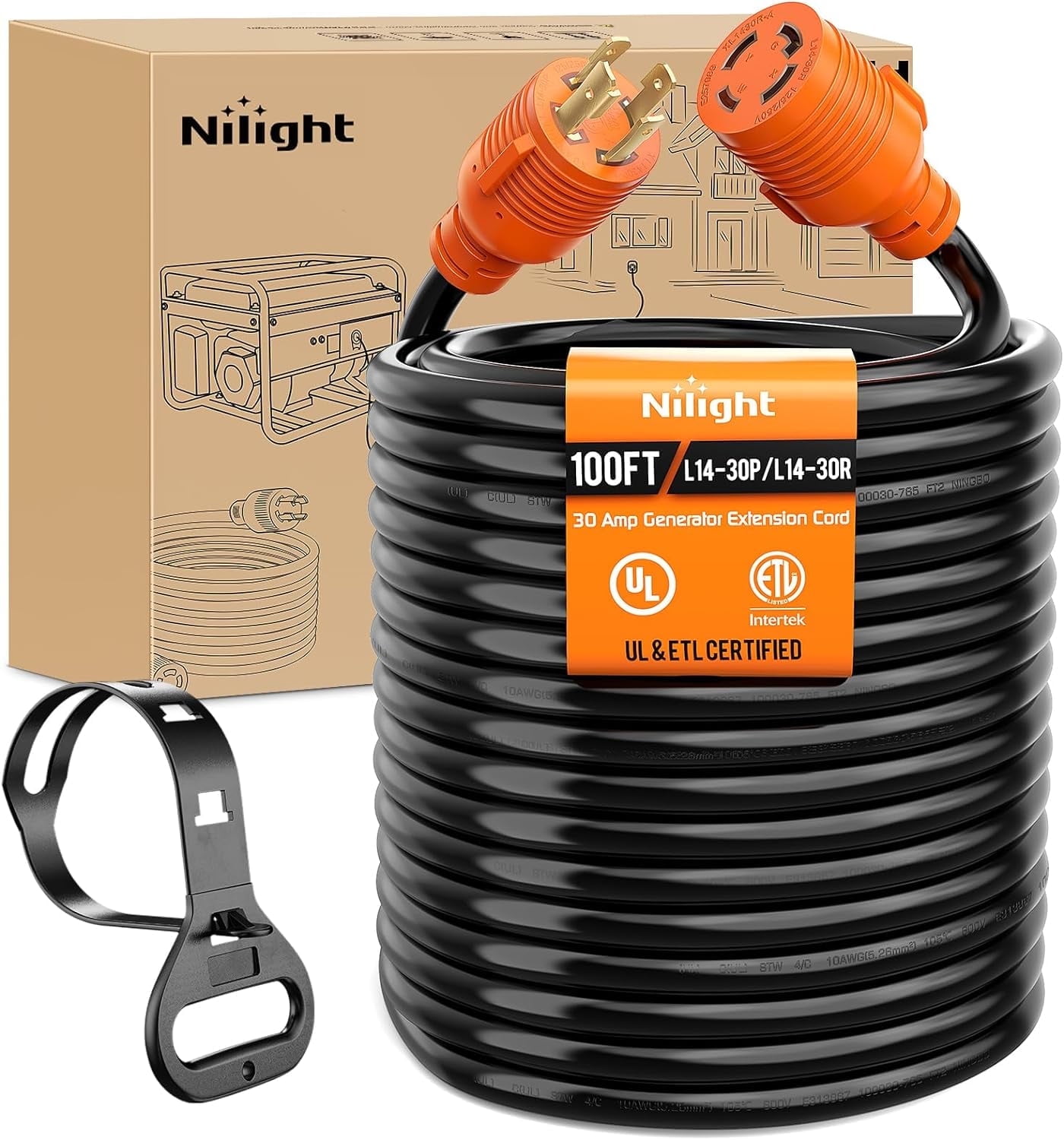 Nilight 30 Amp 100FT Generator Extension Cord 125/250V 7500 Watt Heavy Duty 10 Gauge Pure Copper STW Wire ETL Listed 4 Prong L14-30P L14-30R Cable for Generator RV Camper Outdoor Use