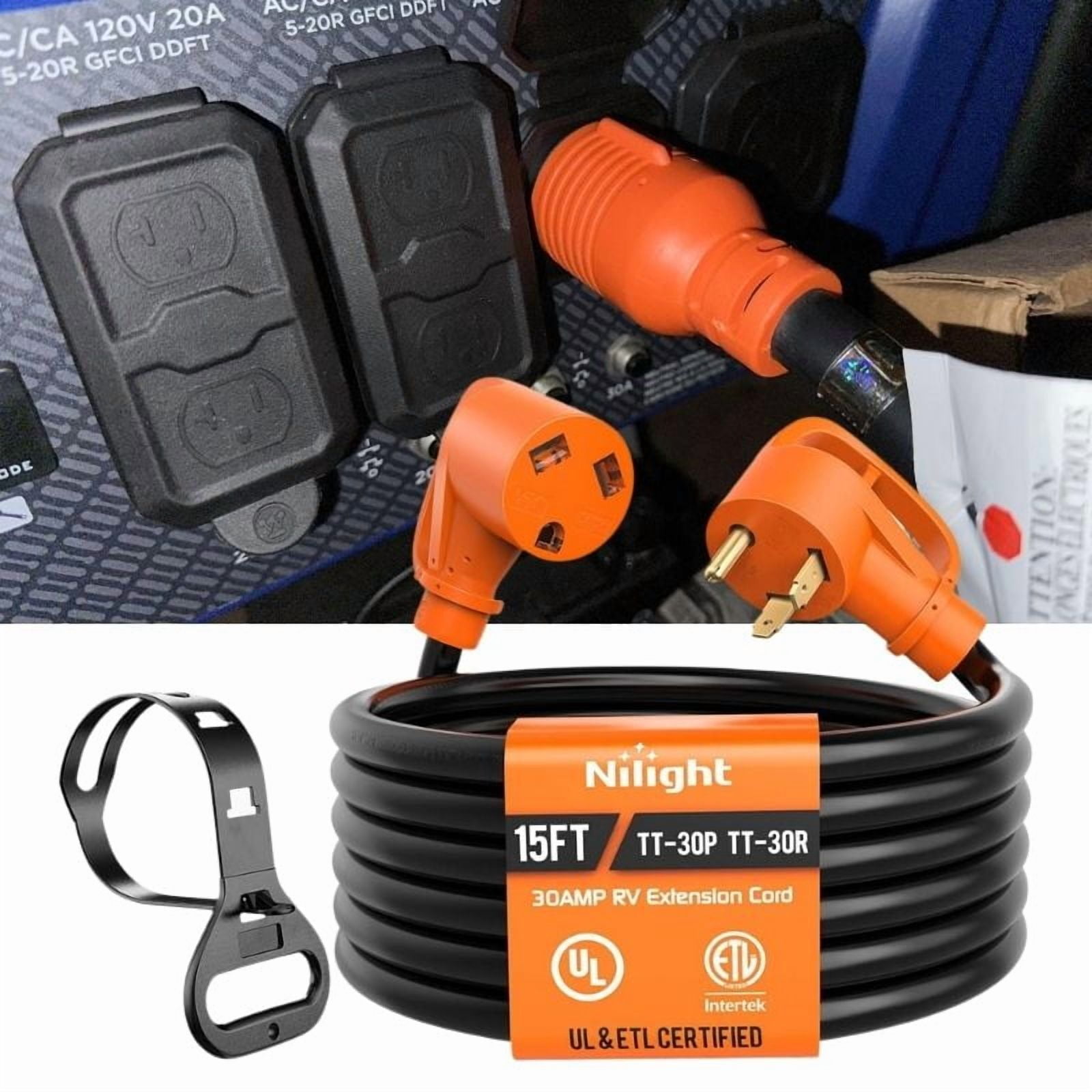 30 Amp 15FT RV Extension Cord 125V Heavy Duty 10 Gauge Pure Copper STW Wire 3 Prong TT-30P TT-30R 30F/30M Weatherproof Suit for Camper Caravan Trailer