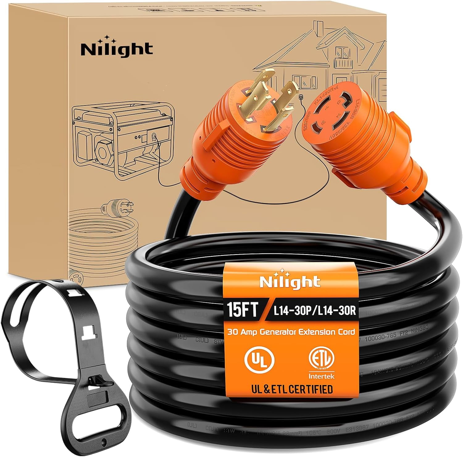 Nilight 30 Amp 15FT Generator Extension Cord 125/250V 7500 Watt Heavy Duty 10 Gauge Pure Copper STW Wire ETL Listed 4 Prong L14-30P L14-30R Cable for Generator RV Camper Outdoor Use