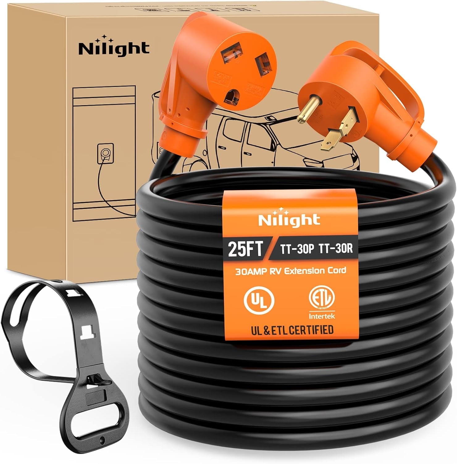 Nilight 30 Amp 25FT RV Extension Cord 125V Heavy Duty 10 Gauge Pure Copper STW Wire UL ETL Listed 3 Prong TT-30P TT-30R 30F/30M Weatherproof Cord Suit for RV Camper Caravan Trailer, 2 Years Warranty