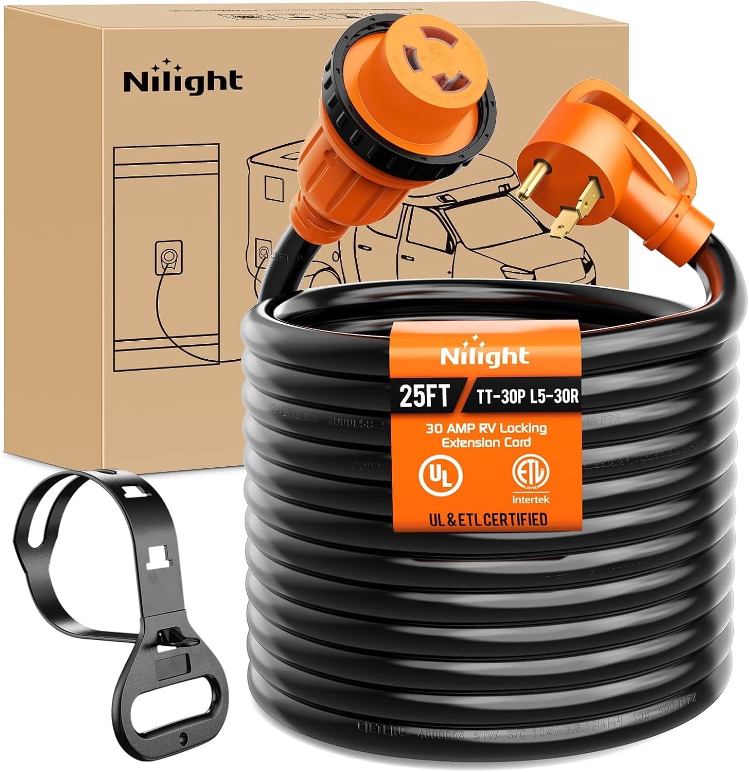Nilight 30 Amp 25FT RV Locking Extension Cord 125V Heavy Duty 10 Gauge Pure Copper STW Wire ETL Listed 3 Prong TT-30P L5-30R 30F/30M Weatherproof Cord Suit for RV Camper Trailer