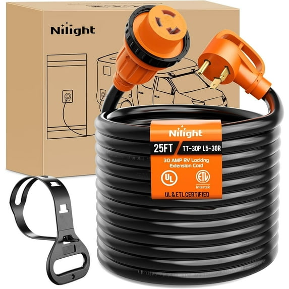 Nilight 30 Amp 25FT RV Locking Extension Cord 125V Heavy Duty 10 Gauge Pure Copper STW Wire ETL Listed 3 Prong TT-30P L5-30R 30F/30M Weatherproof Cord Suit for RV Camper Trailer