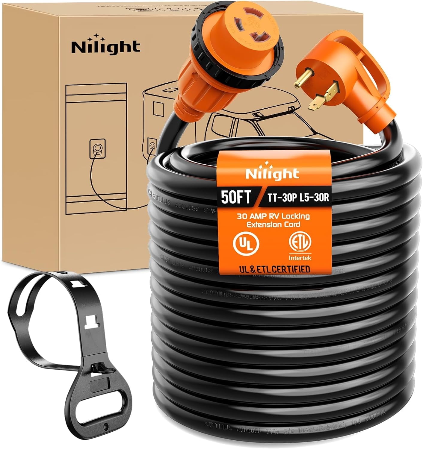 Nilight 30 Amp 50FT RV Locking Extension Cord 125V Heavy Duty 10 Gauge Pure Copper STW Wire ETL Listed 3 Prong TT-30P L5-30R 30F/30M Weatherproof Cord Suit for RV Camper Trailer