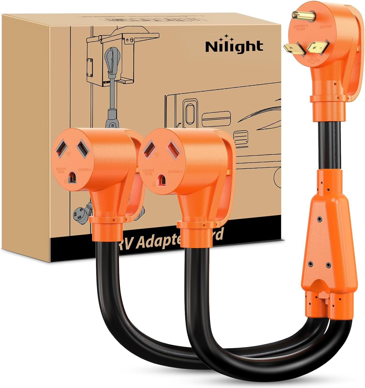 Nilight 30 Amp RV Y Splitter Adapter Cord 30A Male Plug to Two 30A Female Receptacle NEMA TT-30P TT-30R Pure Copper Heavy Duty Heavy Duty STW 10 AWG Cable for RV Camper Generator