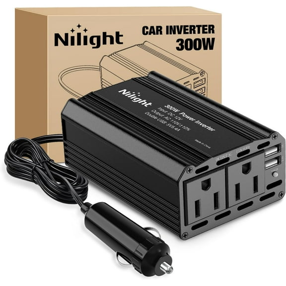 Nilight 300W Power Inverter 12V DC to 110V AC Car Charger Converter with 5.4A Dual USB Ports and 2 AC Outlets for Phones Tablets Laptop Computer Game Console Kindle iPad DVD Players Black