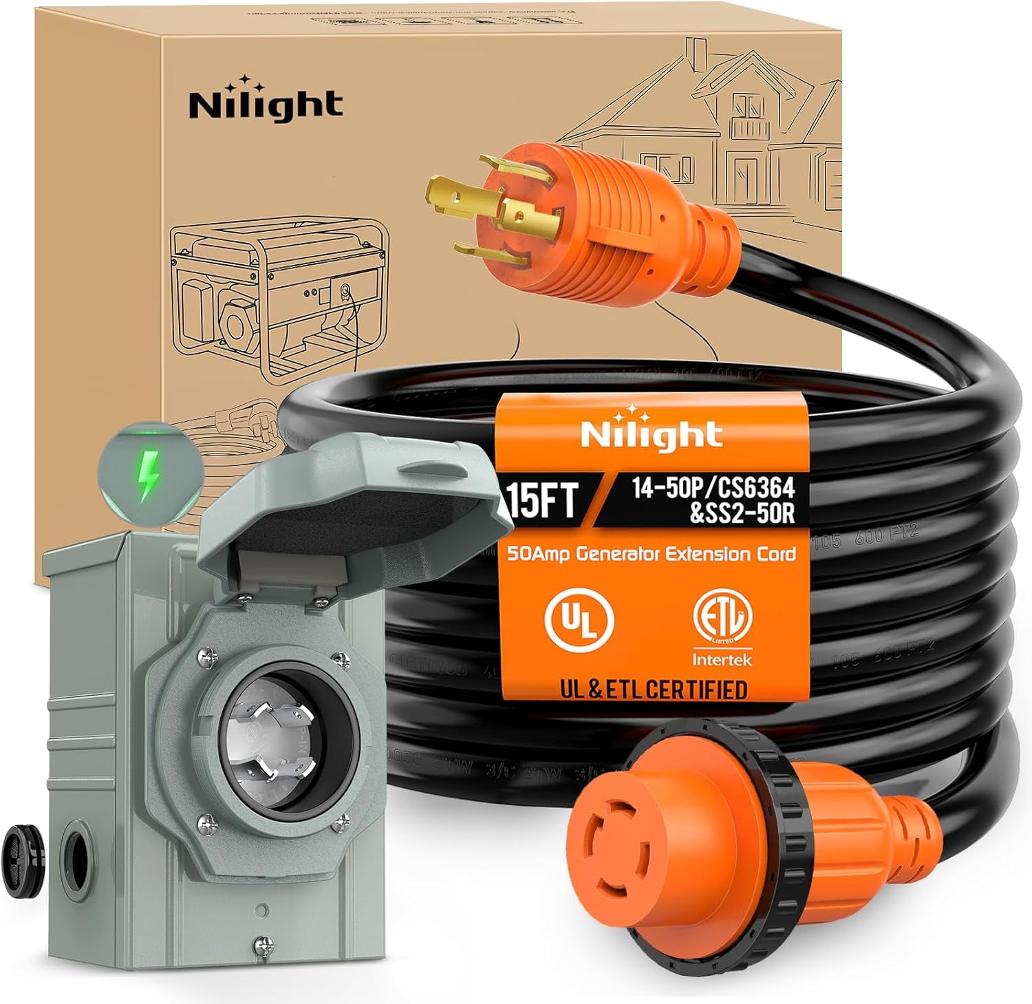 Nilight 30A 15FT Generator Extension Cord Power Inlet Box with Locking Connector 125/250V 7500W 10 Gauge STW ETL Listed 4 Prong L14-30P L14-30R Cable for Generator RV Outdoor Use