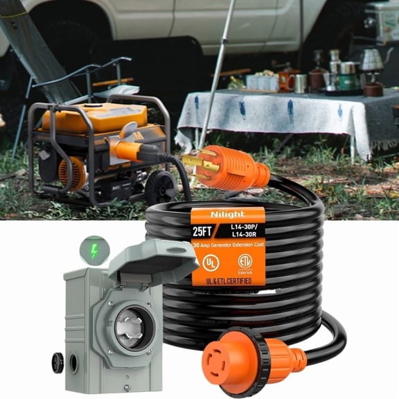 4 Prong 25Ft 30 Amp Generator Extension Cord and Inlet Box with Locking Connector, Heavy Duty NEMA L14-30P/L14-30R, 125/250V 7500W 10 Gauge SJTW Generator to House Power Cord
