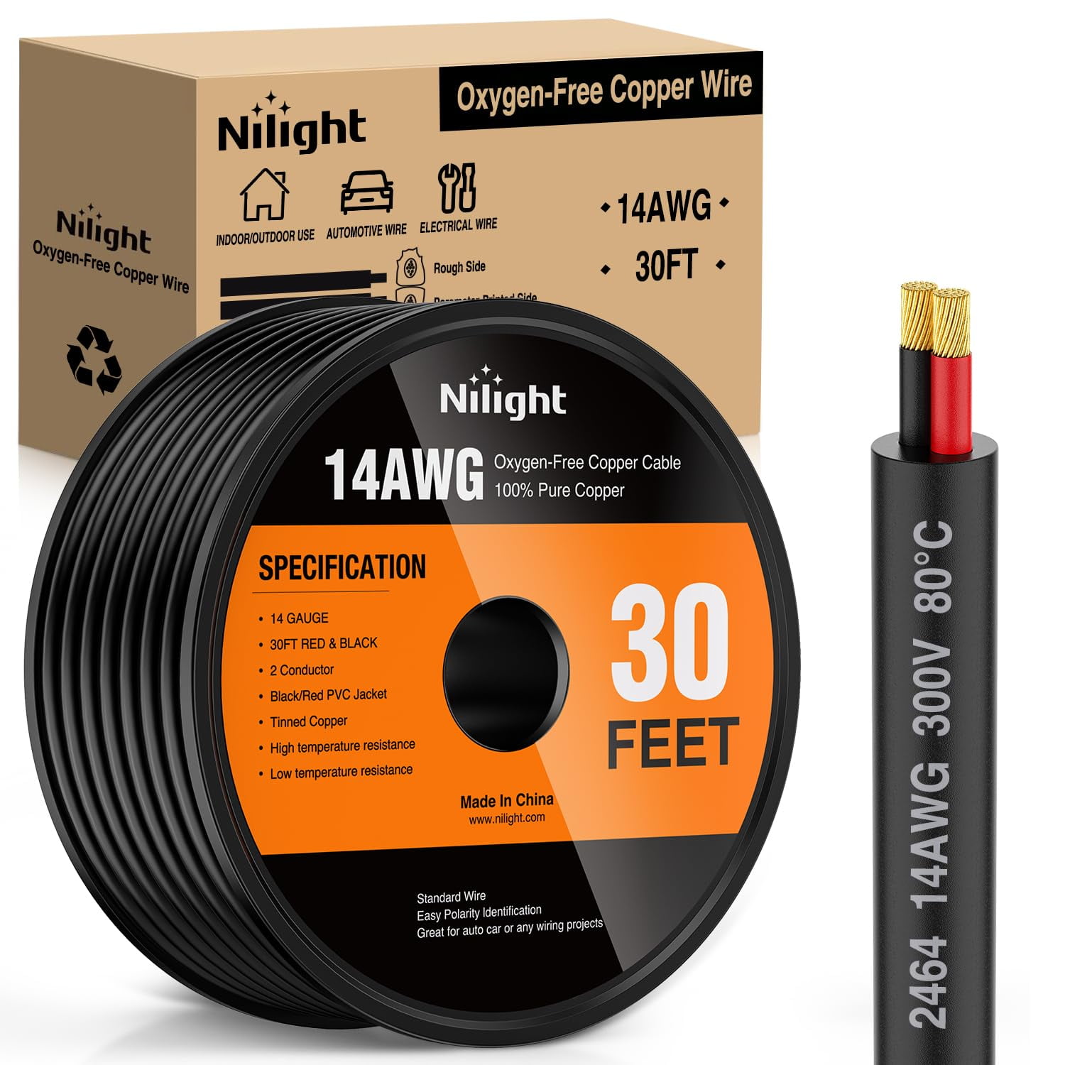 30FT Red and Black Oxygen-Free Copper Electrical Wire with PVC Sheath