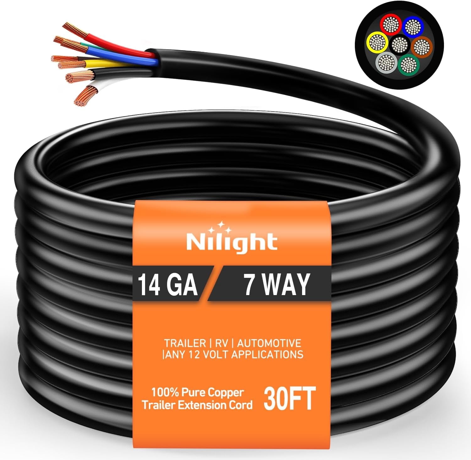 Nilight 30 Feet 7 Way Trailer Extension Cable RV Standard Wire 14 Gauge ...