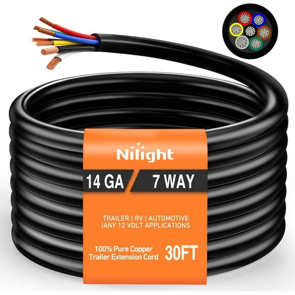 Nilight 30 Feet 7 Way Trailer Extension Cable RV Standard Wire 14 Gauge 7 Conductor 100% Pure Copper Insulated Heavy Duty Cord Weatherproof for 7 Pin Blade Truck Camper RV Automotive