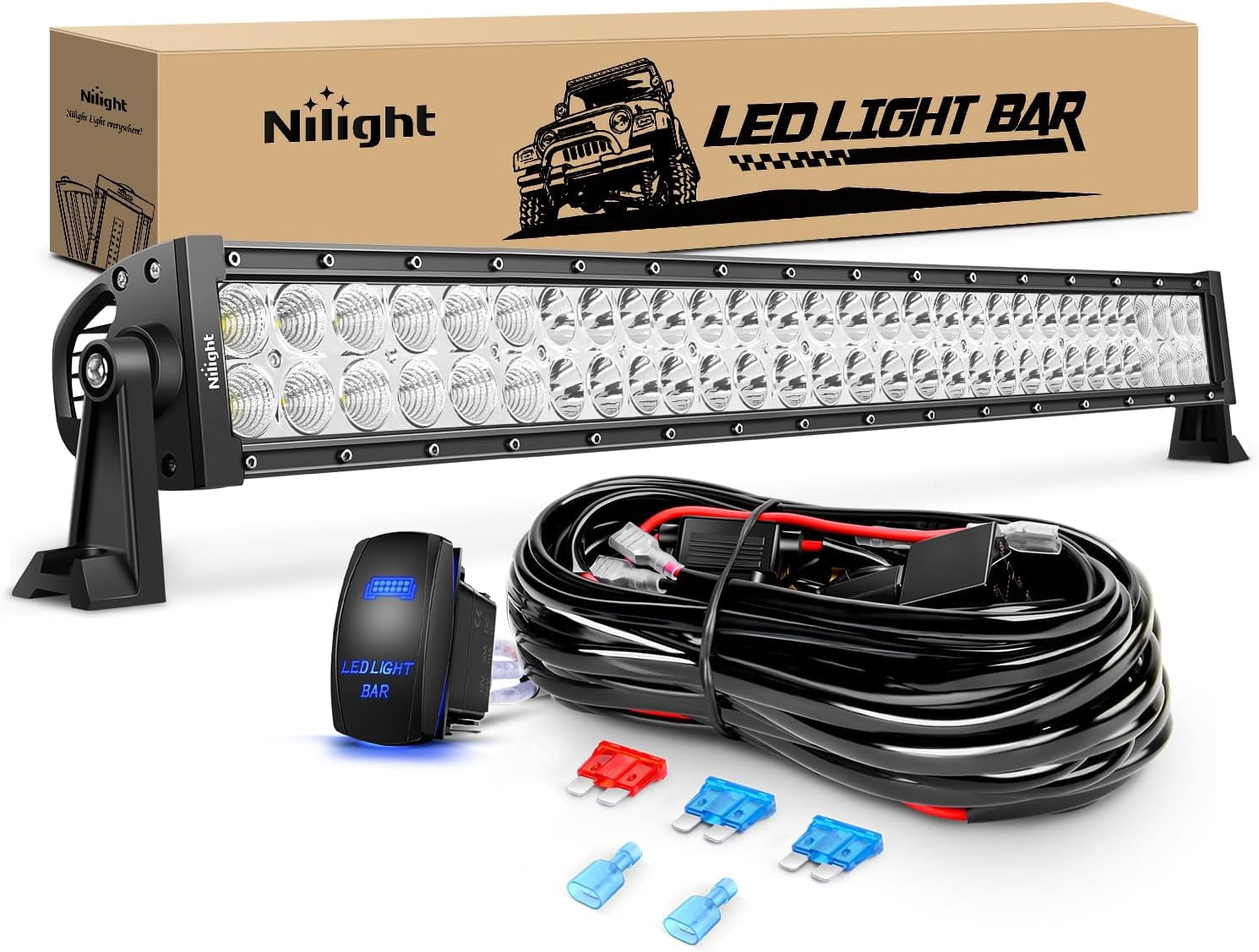Nilight LED Light Bar 32Inch 180W Spot Flood Combo Led Off Road Lights 12V 5Pin Rocker Switch LED Light Bar Wiring Harness Kit,Clear,White