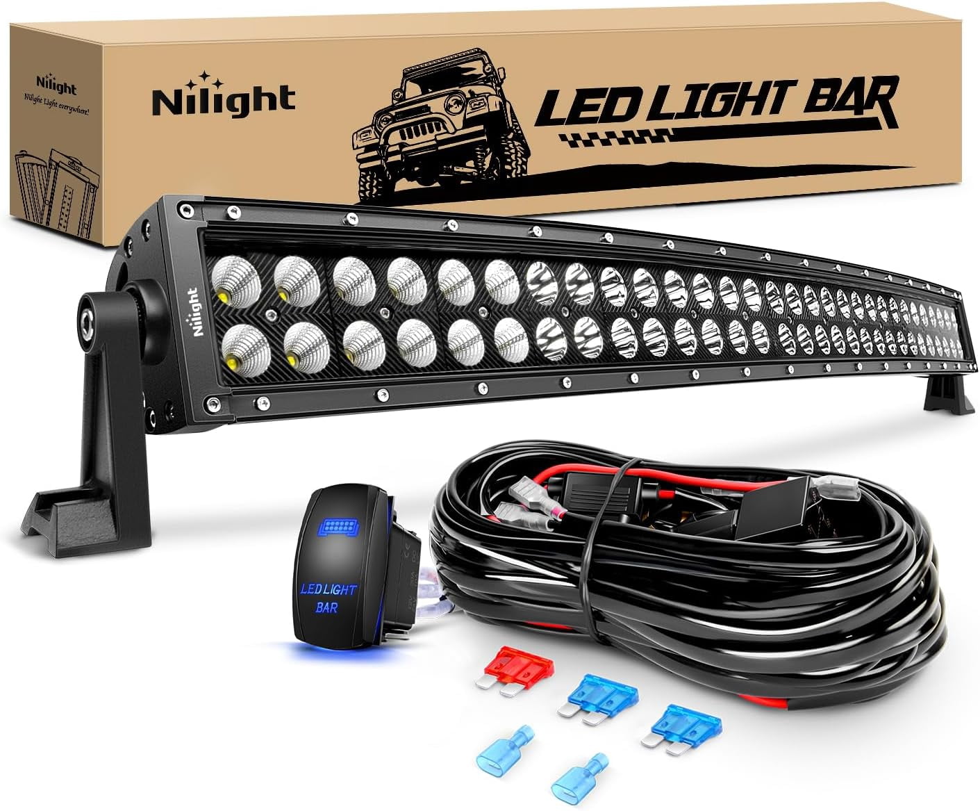 Nilight 32Inch 180W Curved LED Light Bar Work Light Spot Flood Combo Offroad Driving Lights with 16AWG Wiring Harness Kit