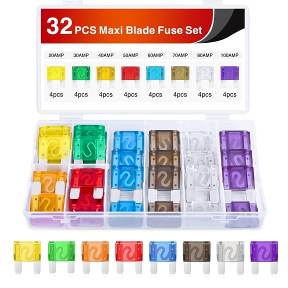 Nilight 32 Pcs Blade Fuses Maxi APX Replacement Fuse 20A 30A 40A 50A 60A 70A 80A 100AMP Assortment Kit for Cars Trucks RVs Boats Automotives Vehicle Campers SUV
