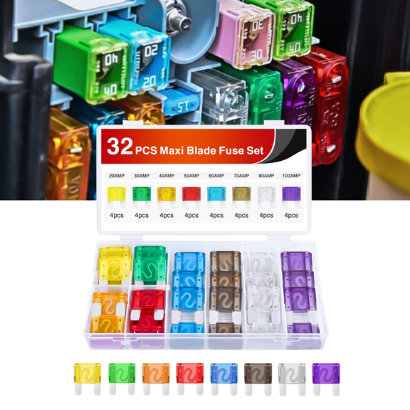 Nilight 32-Piece Maxi APX Blade Fuse Kit Assorted Ratings (20A, 30A, 40A, 50A, 60A, 70A, 80A, 100A) in Color-Coded Housing for Automotive, RV, Boat, SUV & Truck Applications