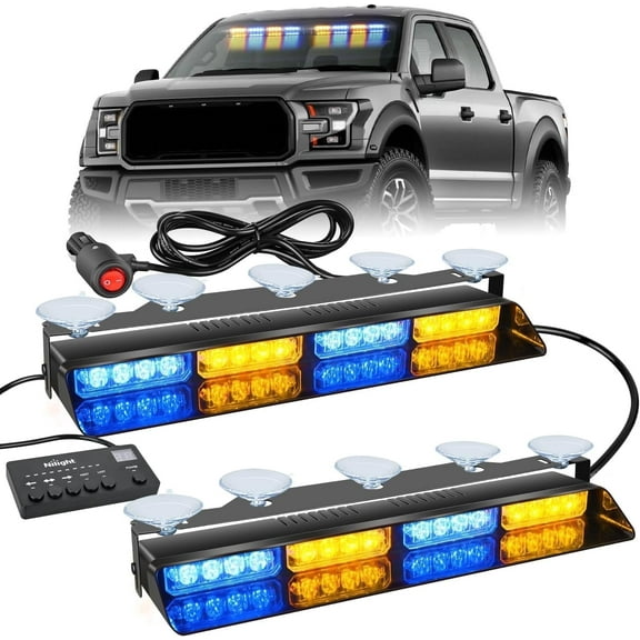 Nilight 32Led Amber Blue Emergency Dash Strobe Lights with Controller Suction Cups Warning Hazard Interior Front/Rear Windshield Deck Split Light Bar