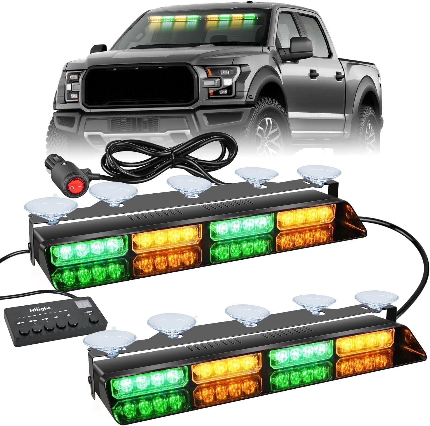 Nilight 32Led Amber Green Emergency Dash Strobe Lights with Flashing Warning Hazard Interior Windshield Visor Traffic Light Bars