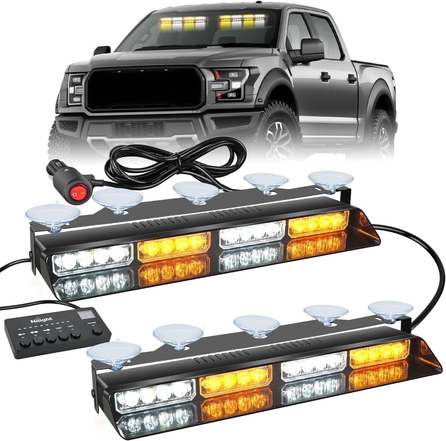 Nilight 32Led Amber White Emergency Dash Strobe Lights with Controller Suction Cups Warning Hazard Interior Front/Rear Windshield Deck Split Light Bar for Truck