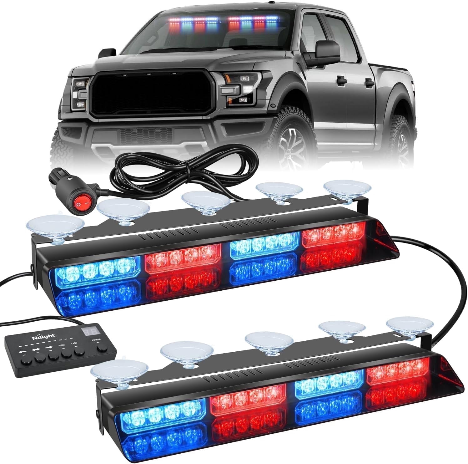 Nilight 32Led Red Blue Emergency Dash Strobe Lights  Warning Hazard Interior Front/Rear Windshield Deck Split Light Bar