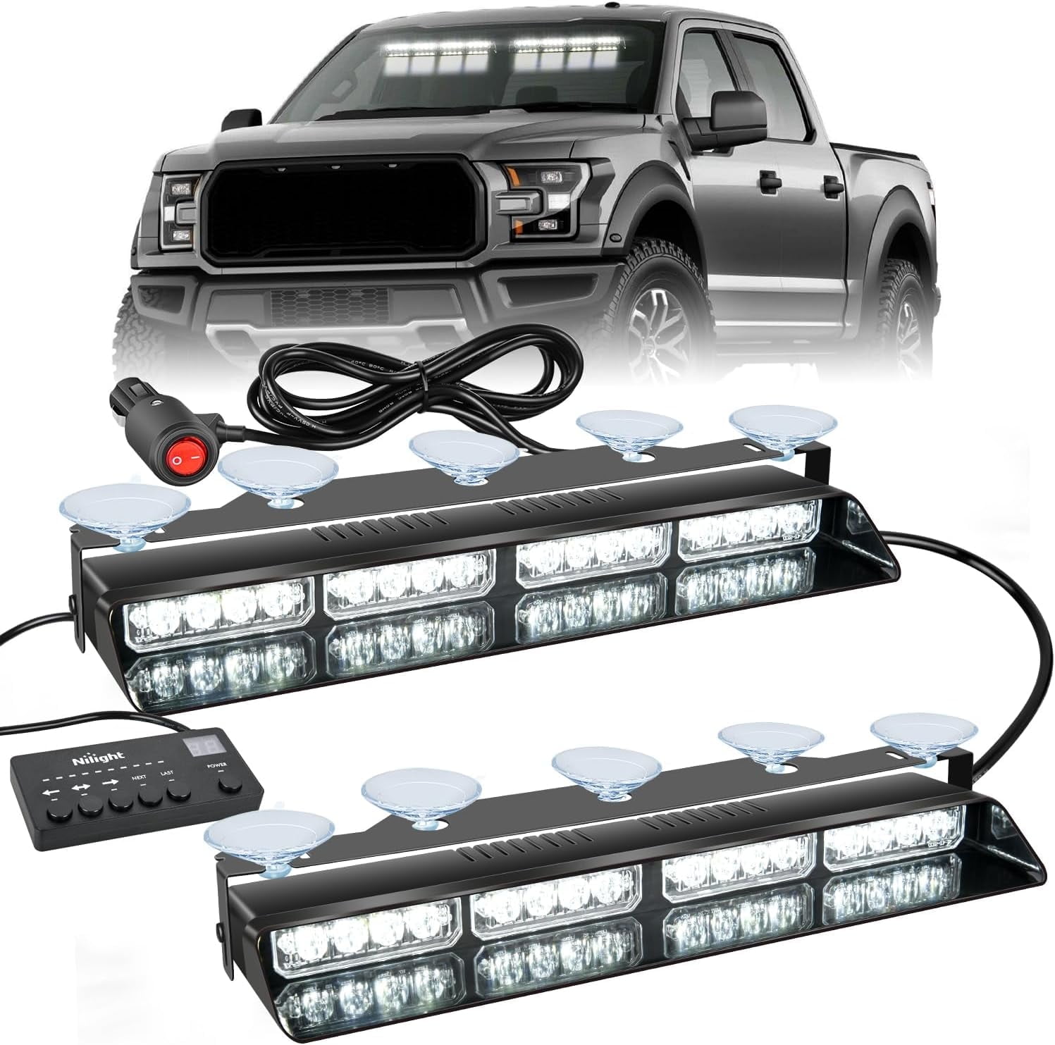 Nilight 32Led White Emergency Dash Strobe Lights with Controller Suction Cups Warning Hazard Interior Front/Rear Windshield Deck Split Light Bar for Trucks