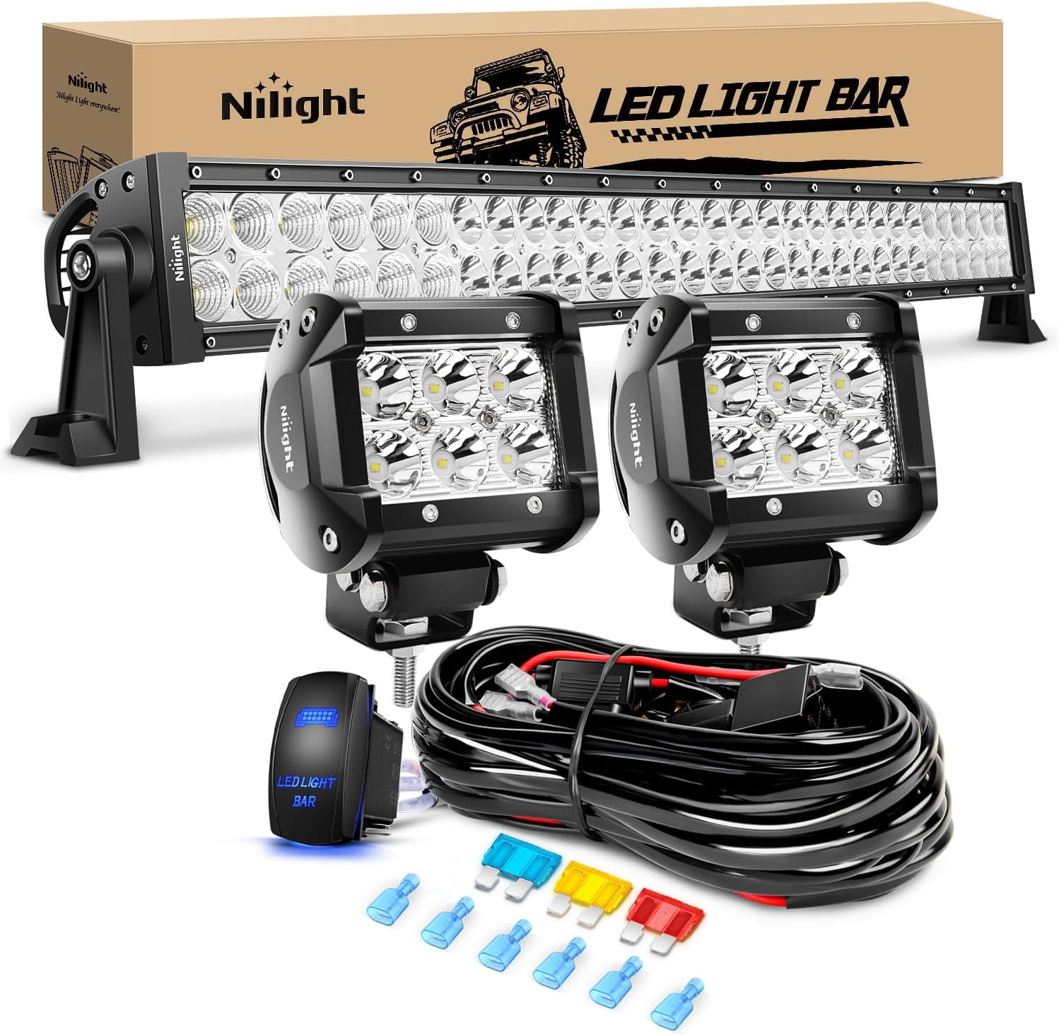 Nilight 32inch 180W Spot Flood Combo Led Light Bar 2Pcs 18W 4Inch Spot Led Pods Driving off Road Lights with 14AWG Wiring Harness Kit-3 Leads for Van Car Pickup Golf Cart ATV UTV SUV Truck Boat