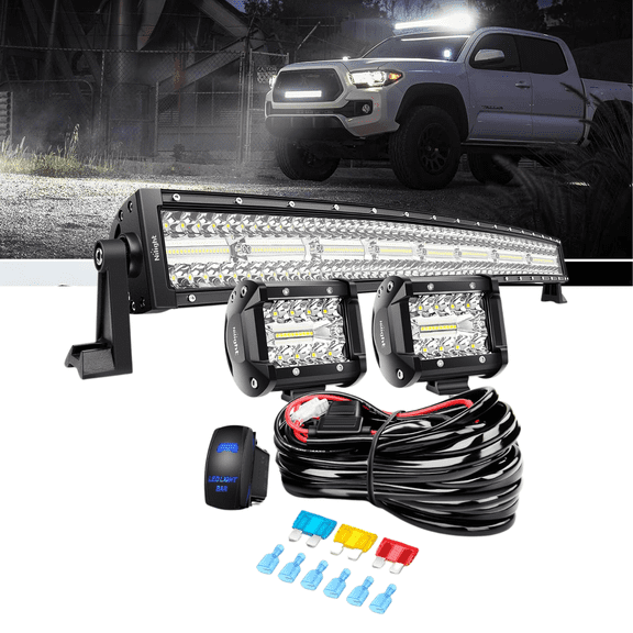 Nilight 33" Curved LED Light Bar with 2PCS 4" 60W LED Pods, Spot Flood Combo Offroad Driving Work Lights, IP67 with 14AWG Wiring Harness Kit (3 Leads) for Truck Pickup SUV ATV UTV Boat Camper
