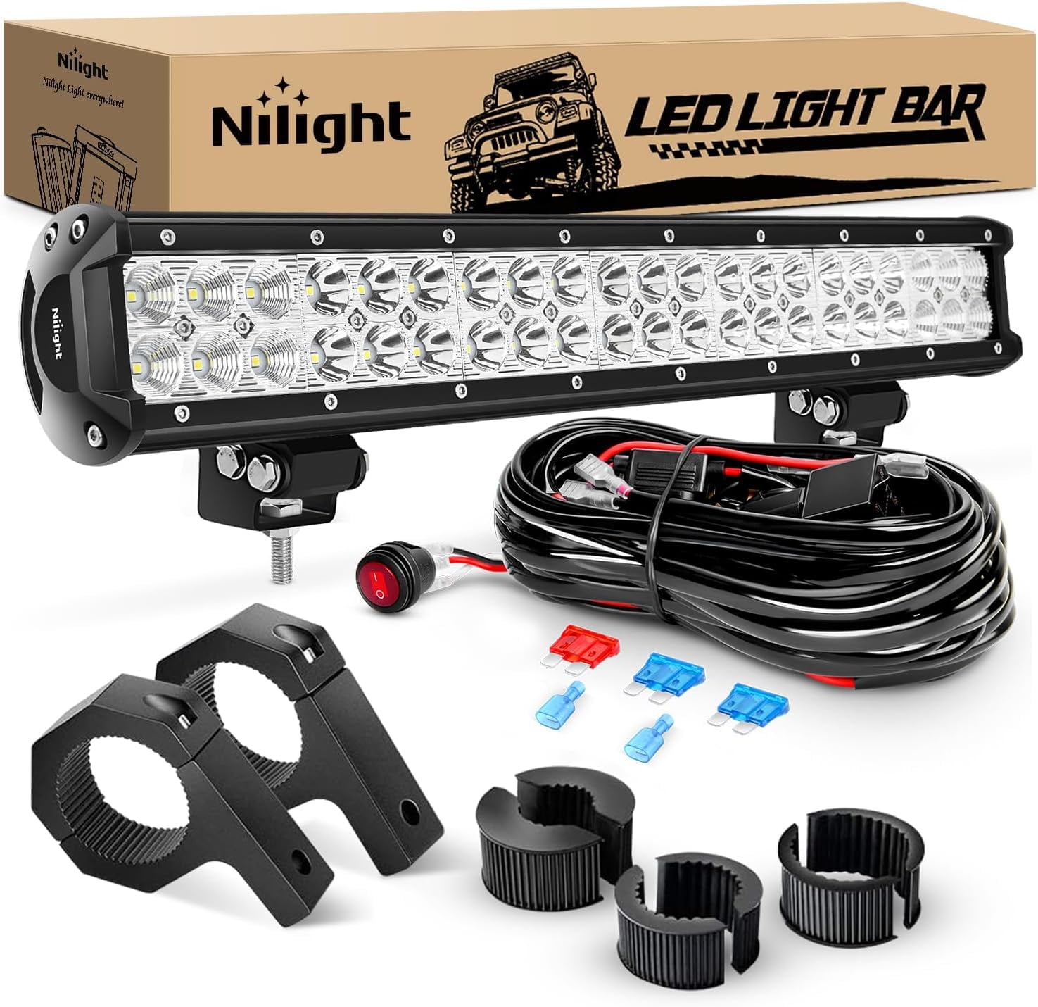Nilight 20" 126W Spot Flood Combo LED Light Bars Off-Road Light Mounting Bracket Horizontal Bar Tube Clamp with Off Road Wiring Harness