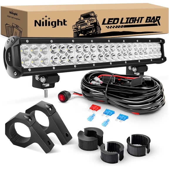 Nilight 20" 126W Spot Flood Combo LED Light Bars Off-Road Light Mounting Bracket Horizontal Bar Tube Clamp with Off Road Wiring Harness