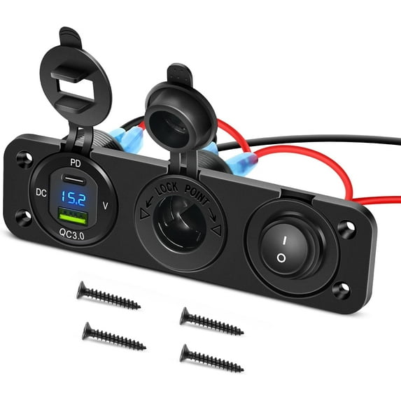 Nilight 4 in 1 Charger Socket Panel PD Type C and QC 3.0 USB Charger with LED Voltmeter Display and Cigarette Lighter Socket and Power Cutoff Switch for Cars Trucks UTV ATV, 2 Years Warranty