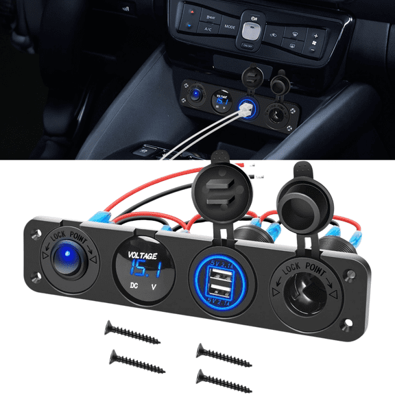 Nilight 4-in-1 Switch Panel, 12V/24V Dual USB Charger Socket, LED Voltmeter, 12V Outlet & Rocker Toggle Switch, Universal Marine Boat Truck RV Panel
