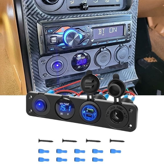 4 in 1 ON/Off Toggle Switch with Type-C PD Charger Socket Panel QC 3.0 USB Power Outlet & LED Voltmeter & Cigarette Lighter Socket& LED Lighted Rocker Switch for Marine Boats RV Truck Car