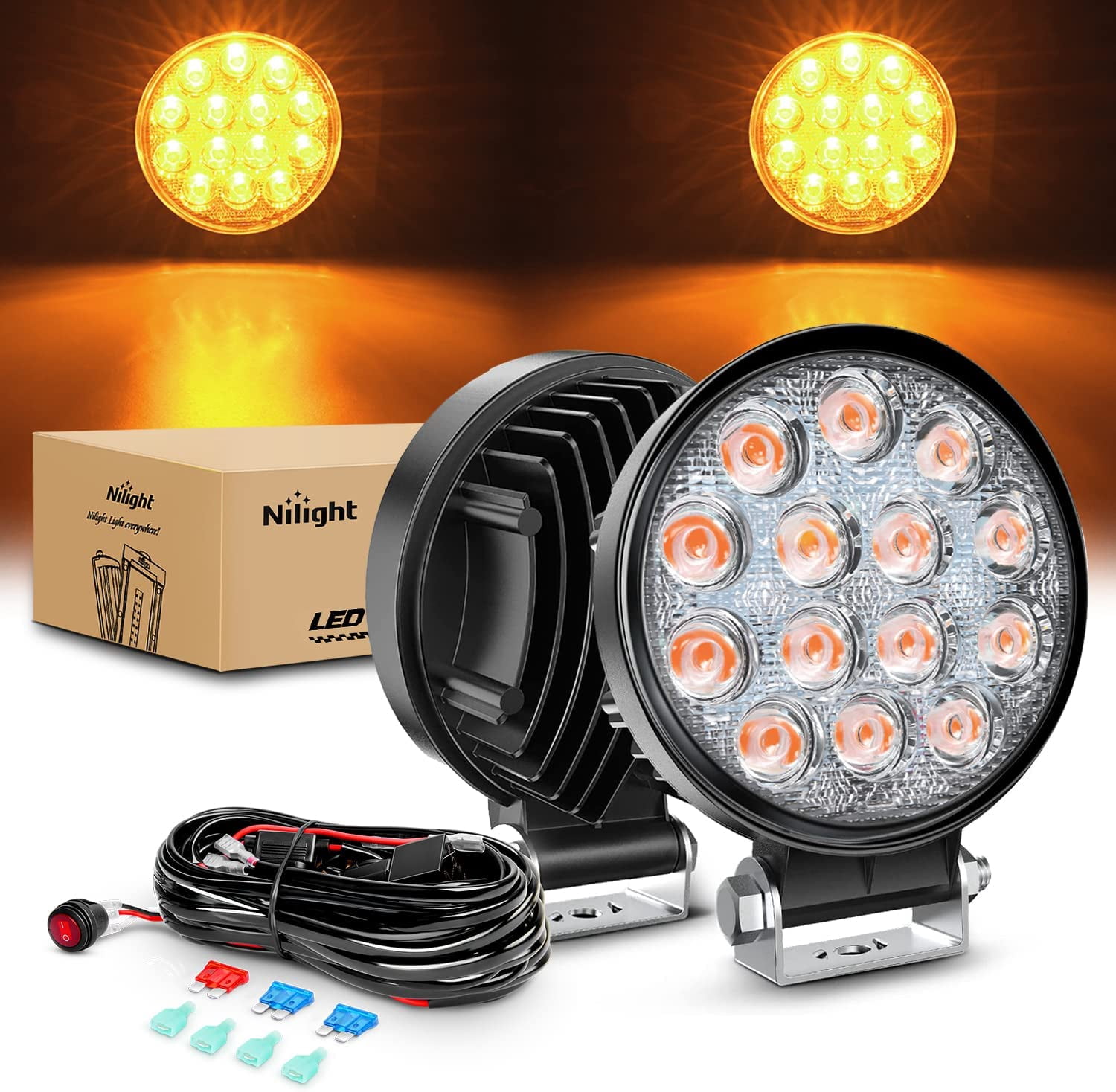 Nilight 4.5Inch 42W 4200LM Amber LED Light Pods Round Flood Lights for ...