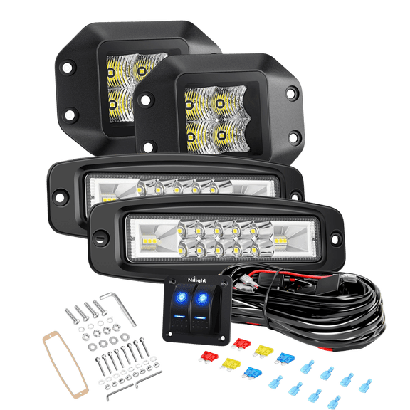 Nilight 4.7" Flush Mount LED Pod Lights with 6" Slim LED Light Bars and 2 Gang Rocker Switch Panel, Auxiliary Driving Lights Kit for Trucks, Pickups, SUVs, Jeeps and UTVs