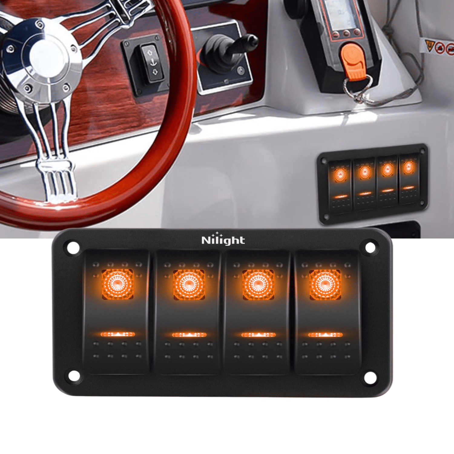 Nilight Rocker Switch 5 Pin Nilight 4 Gang 5 Pin Rocker Switch Panel Orange LED Waterproof Aluminum ...