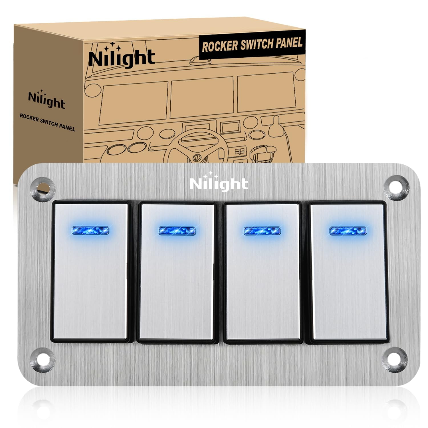 Nilight 4 Gang Rocker Switch Panel 3 Pin On Off Pre-Wired Rocker Switch Blue Led Waterproof Aluminum Panel with DIY Stickers for 12V 24V Automotive Cars Marine Boats UTV Truck Jeeps
