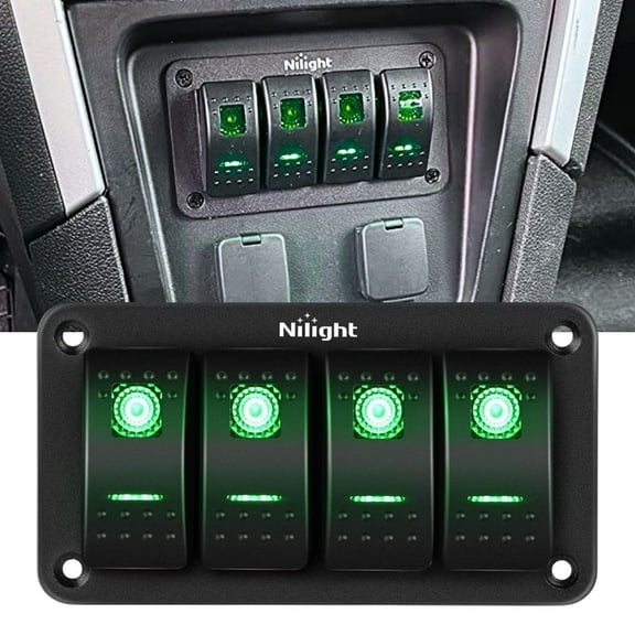 Nilight 4 Gang Rocker Switch Panel 5Pin on off Toggle Switch Aluminum Holder 12V 24V Dash Pre-Wired Green Backlit Switches for Automotive Cars Marine Boats RVs Truck