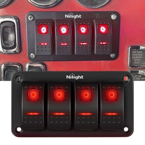 Nilight 4 Gang Rocker Switch Panel 5Pin on off Toggle Switch Aluminum Holder 12V 24V Dash Pre-Wired Red Backlit Switches for Automotive Cars Marine Boats RVs Truck