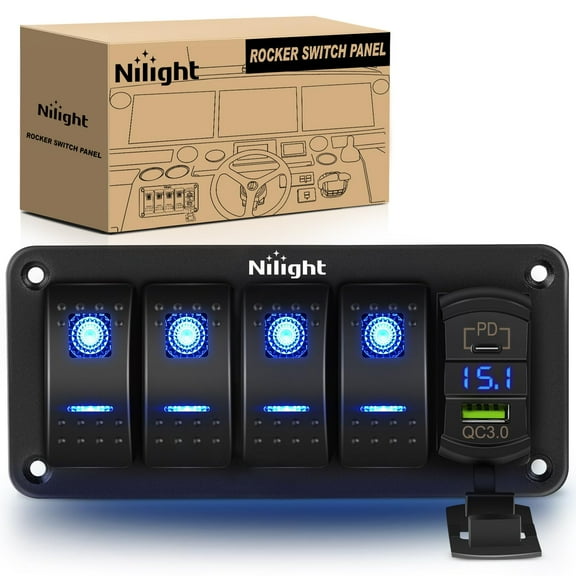 Nilight 4 Gang Rocker Switch Panel Blue Backlit with PD Type C and USB Charger Voltmeter Waterproof 12V 24V DC Rocker Switch with Night Glow Stickers for Car Trucks Boats RVs, 2 Years Warranty