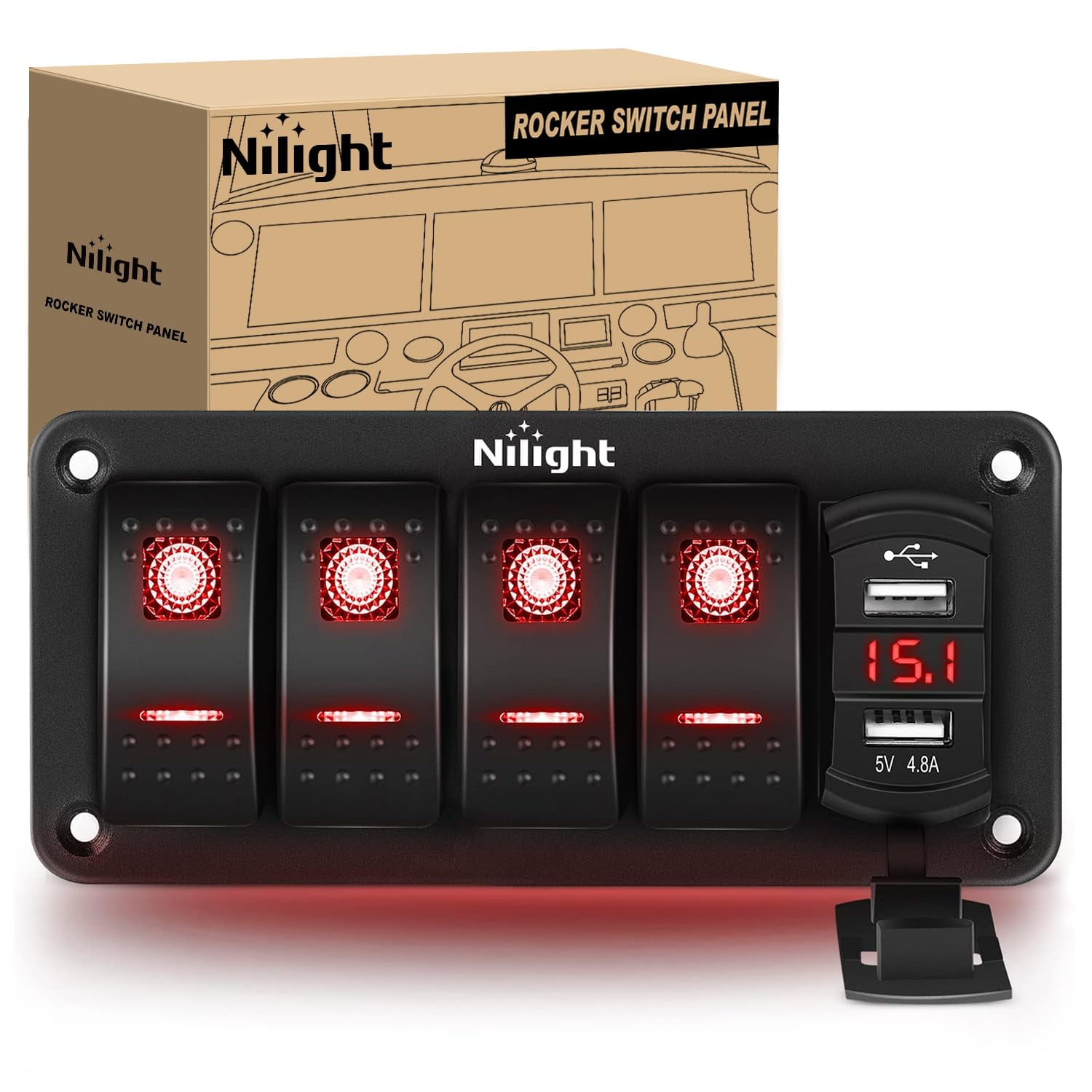 Nilight 4 Gang Rocker Switch Panel Red Backlit with 4.8 Amp Dual USB Charger Voltmeter Waterproof 12V 24V DC Night Glow Stickers for Car Trucks Boats RVs
