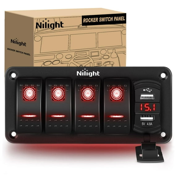 Nilight 4 Gang Rocker Switch Panel Red Backlit with 4.8 Amp Dual USB Charger Voltmeter Waterproof 12V 24V DC Night Glow Stickers for Car Trucks Boats RVs