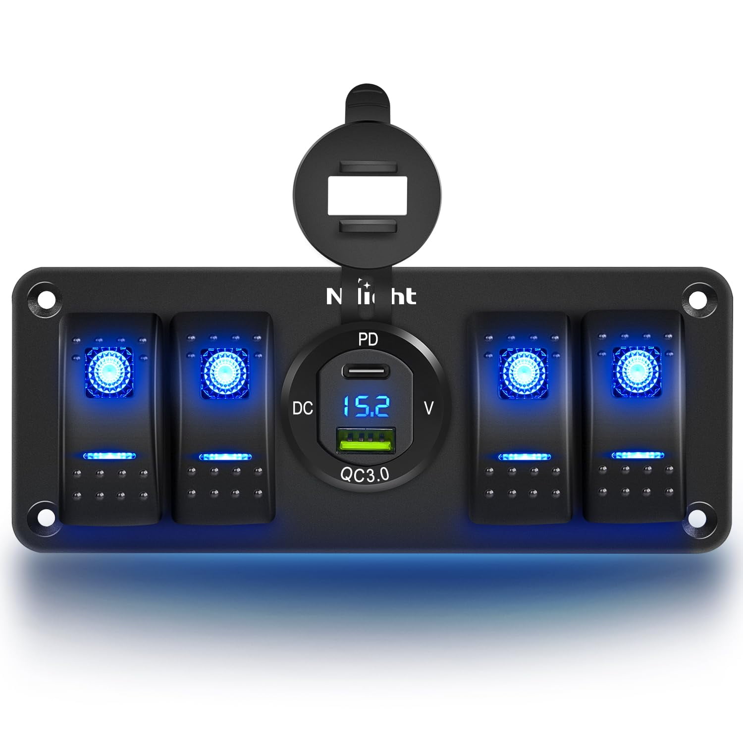 Nilight 4 Gang Rocker Switch Panel with USB Charger Voltmeter Waterproof 12V DC Rocker Switch with PD Type C and QC 3.0 USB Charger and Night Glow Stickers for Cars Trucks Boats RV, 2 Years Warranty