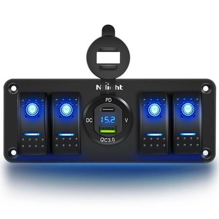 Nilight 4 Gang Rocker Switch Panel with USB Charger Voltmeter Waterproof 12V DC Rocker Switch with PD Type C and QC 3.0 USB Charger and Night Glow Stickers for Cars Trucks Boats RV, 2 Years Warranty