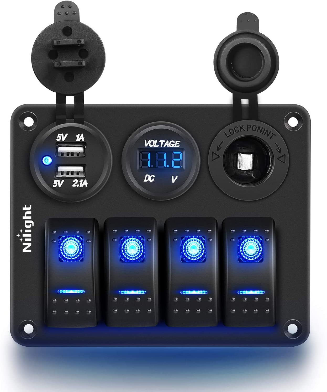 Nilight 4 Gang Rocker Switch Panel Waterproof Pre-Wired Aluminum Switch Panel with Dual USB Cigarette Lighter Socket Voltmeter12V-24V DC ON Off Switch Panel for Cars Rvs Trucks