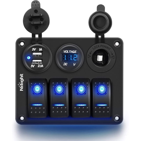 Nilight 4 Gang Rocker Switch Panel Waterproof Pre-Wired Aluminum Switch Panel with Dual USB Cigarette Lighter Socket Voltmeter12V-24V DC ON Off Switch Panel for Cars Rvs Trucks