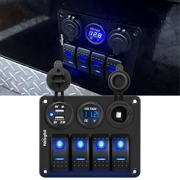 Nilight 4 Gang Rocker Switch Panel Waterproof Pre-Wired Aluminum Switch Panel with Dual USB Cigarette Lighter Socket Voltmeter12V-24V DC on off Switch Panel for Cars Rvs Trucks, Blue