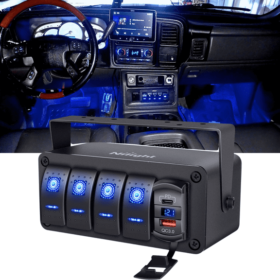 Nilight 4 Gang Rocker Switch Box 12V SPST ON Off PD Type C and QC 3.0 USB Charger Voltmeter Waterproof Aluminum Panel DIY Stickers for Boats Cars RVs Trucks